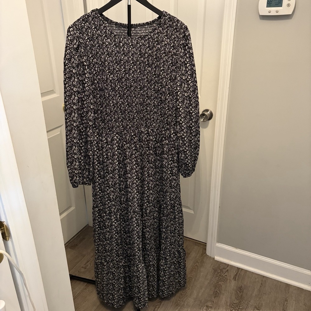 PrettyGarden Smocked Floral‎ Maxi Dress XXL Black White Ditsy Floral Cottagecore